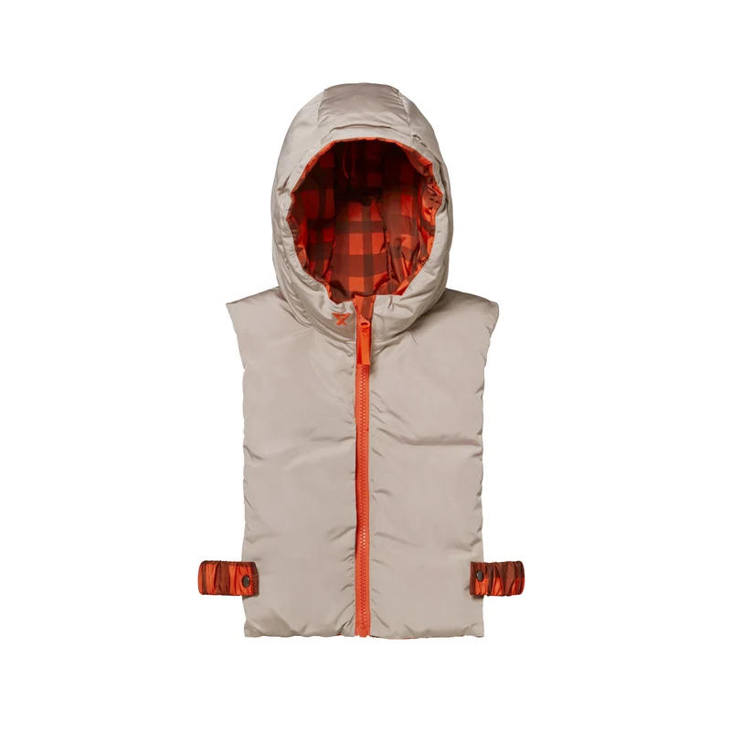 Capuche doudoune enfant motif carreaux orange et beige
