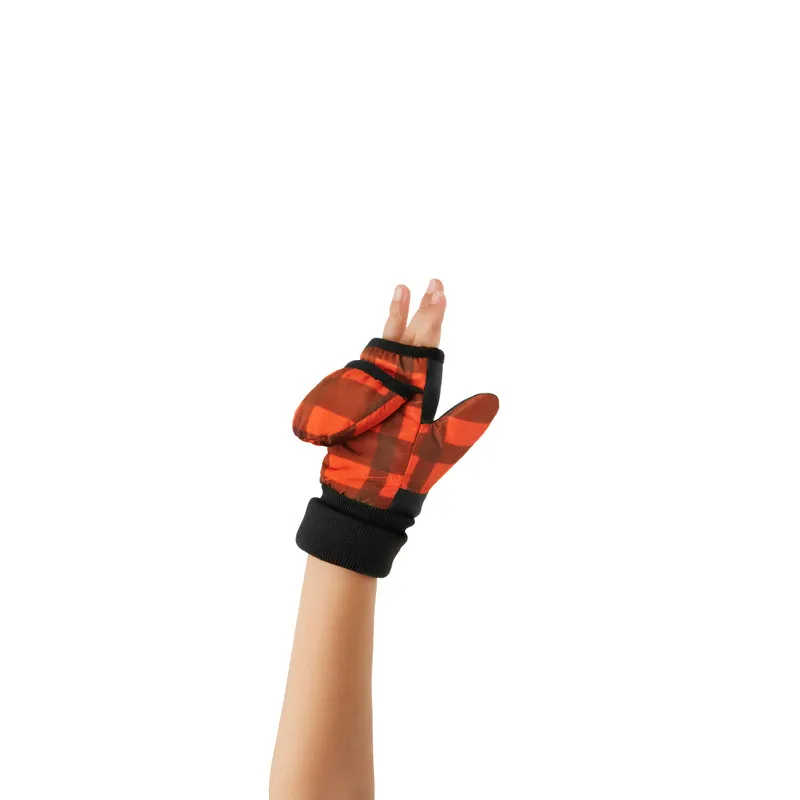 Moufles convertibles mitaines enfant motif carreaux orange et beige