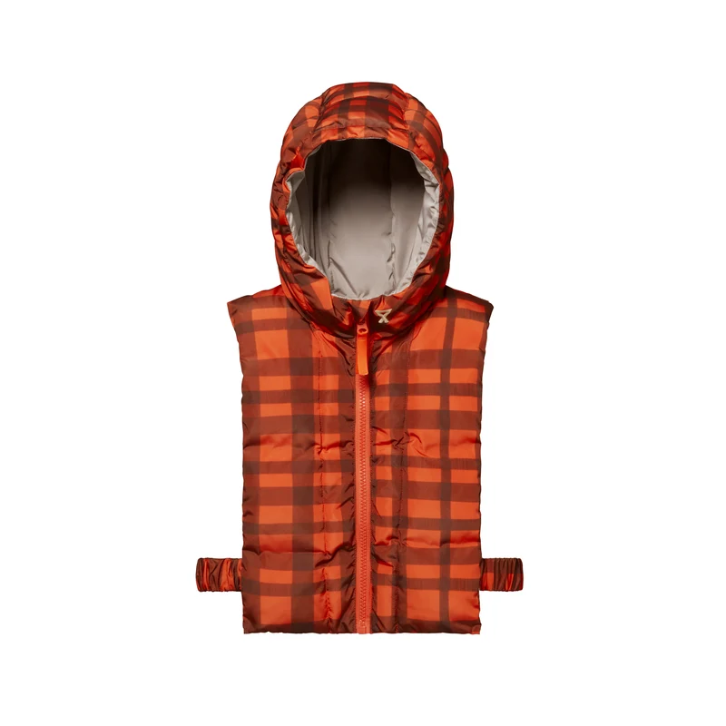 Capuche doudoune enfant motif carreaux orange et beige