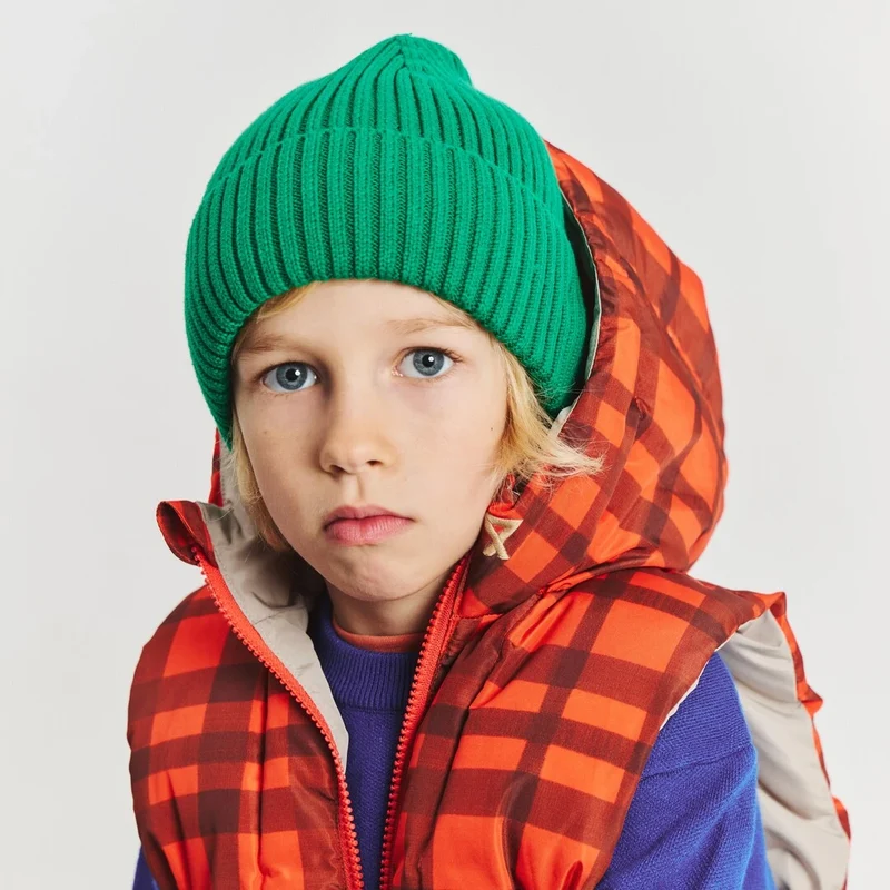 Capuche doudoune enfant motif carreaux orange et beige