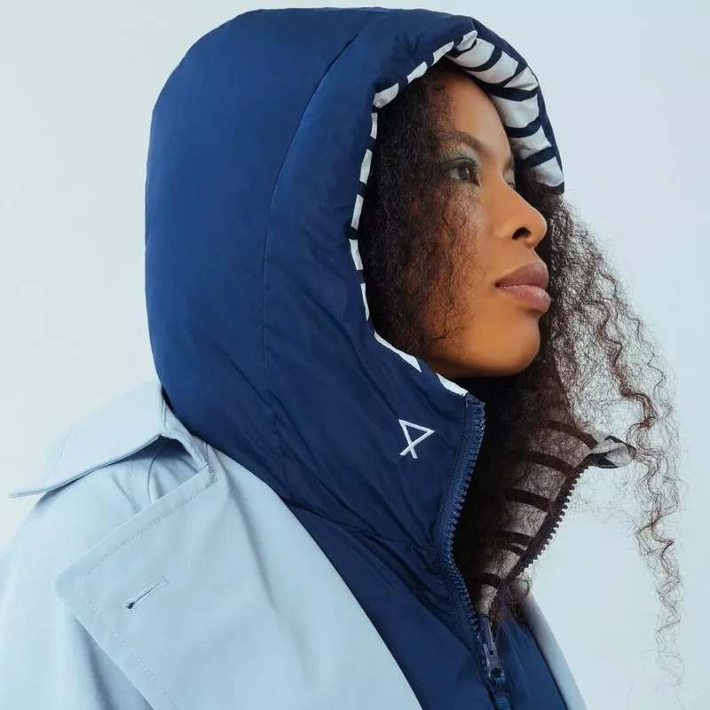 Capuche doudoune à rayures bleu marine et blanc