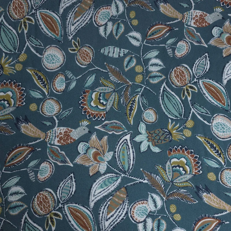 Tissu de viscose imprimé | Botanique sarcelle & oiseaux