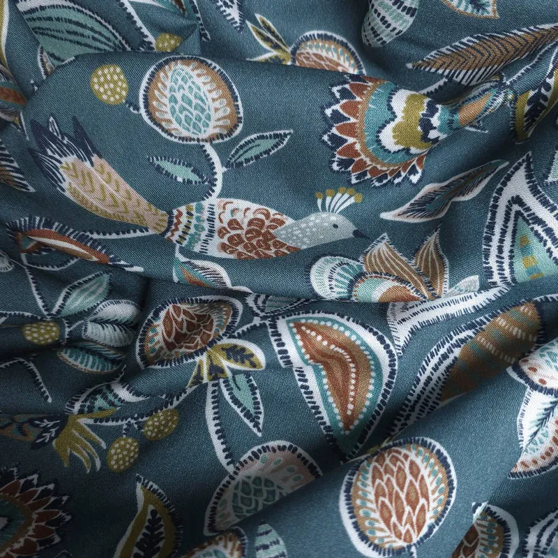 Tissu de viscose imprimé | Botanique sarcelle & oiseaux