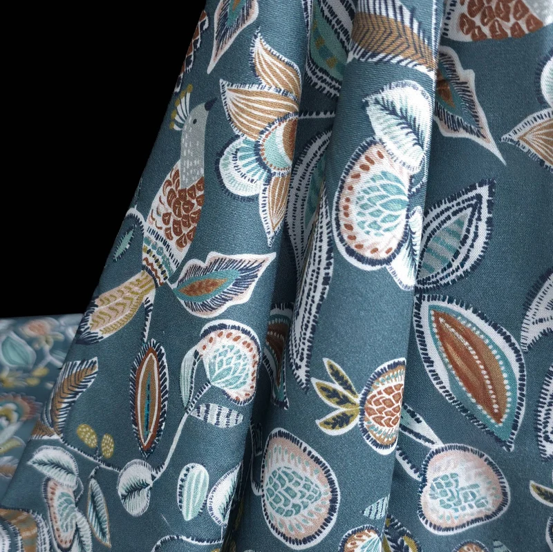 Tissu de viscose imprimé | Botanique sarcelle & oiseaux