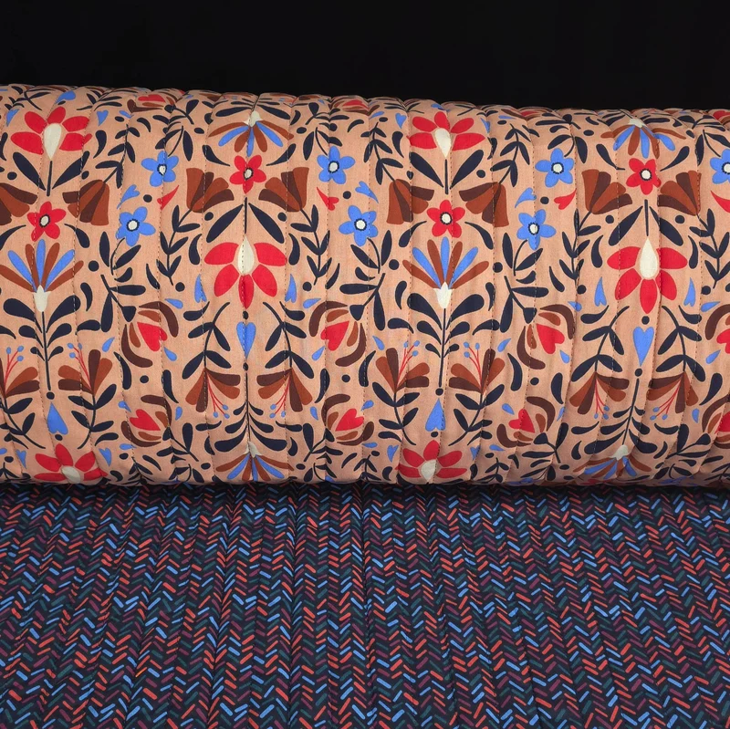 Coton matelassé réversible | Motif floral folklorique & géométrique | Beige chaud