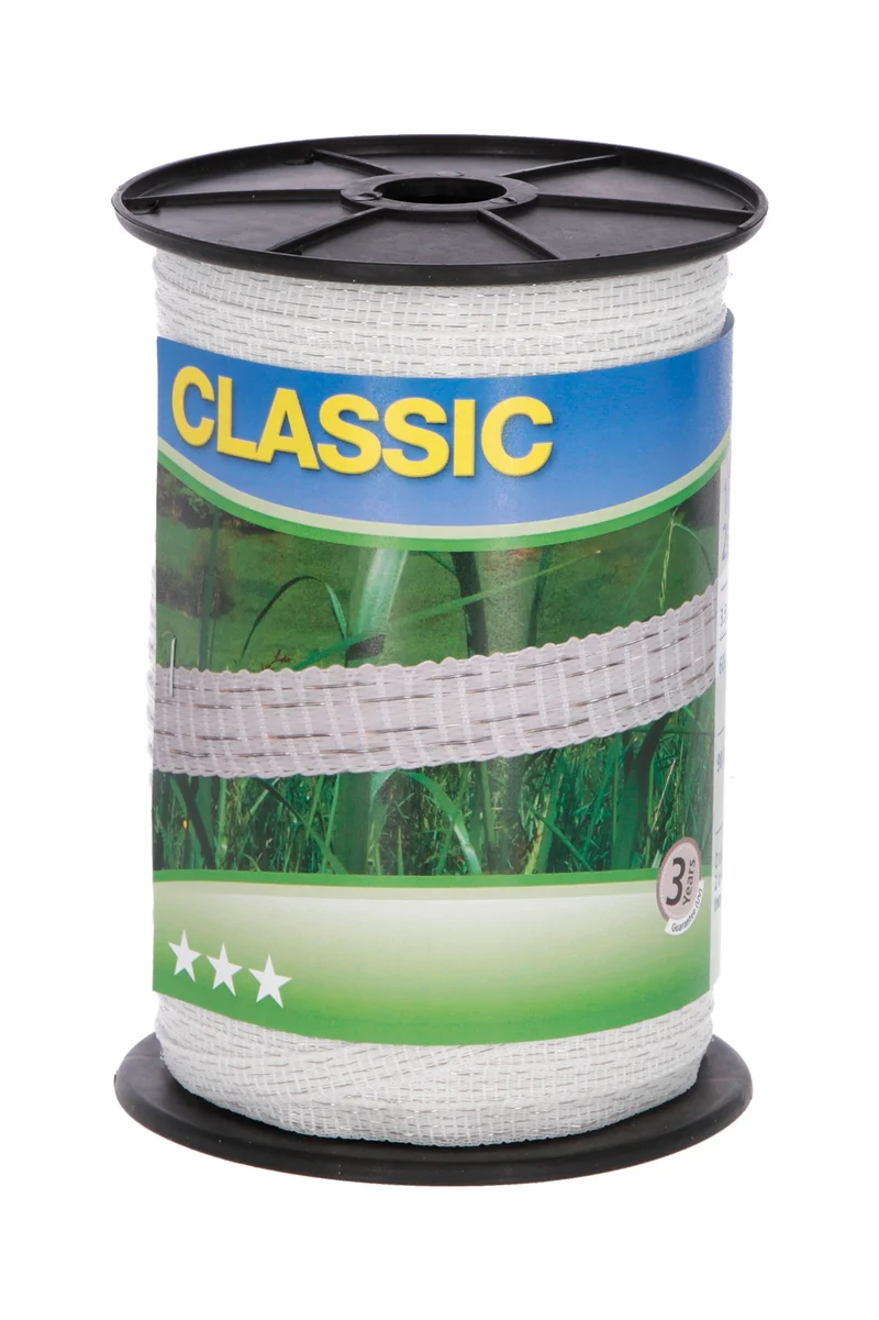 Classic Classic ruban pour clôture électrique, 10 mm, blanc, 2x0,20+2x0,30 Niro, 200 m WH/AB 200/10